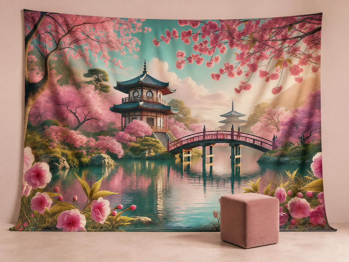Japanese cherry blossom garden photography backdrop scene 2