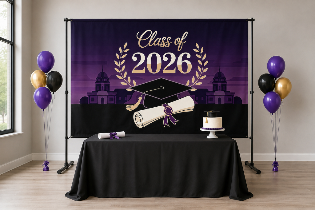 Purple Class of 2026 Graduation Backdrop in event studio