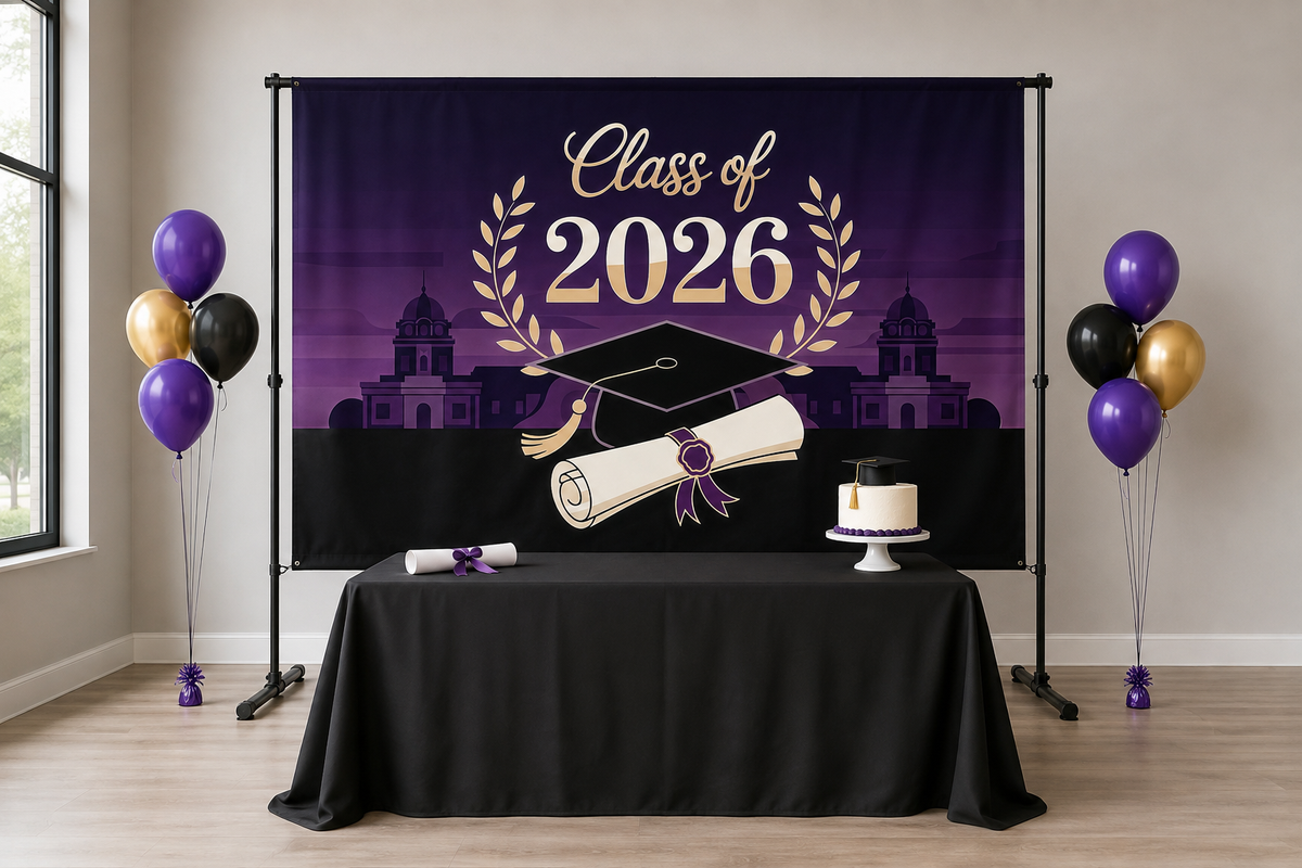 Purple Class of 2026 Graduation Backdrop in event studio