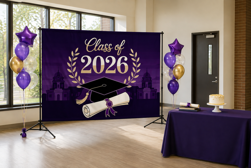 Purple Class of 2026 Graduation Backdrop in alternate room setting