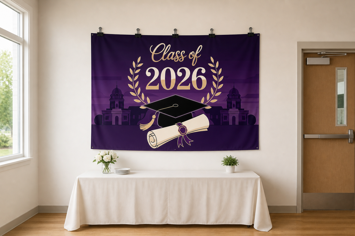 Purple Class of 2026 Graduation Backdrop clipped directly to wall