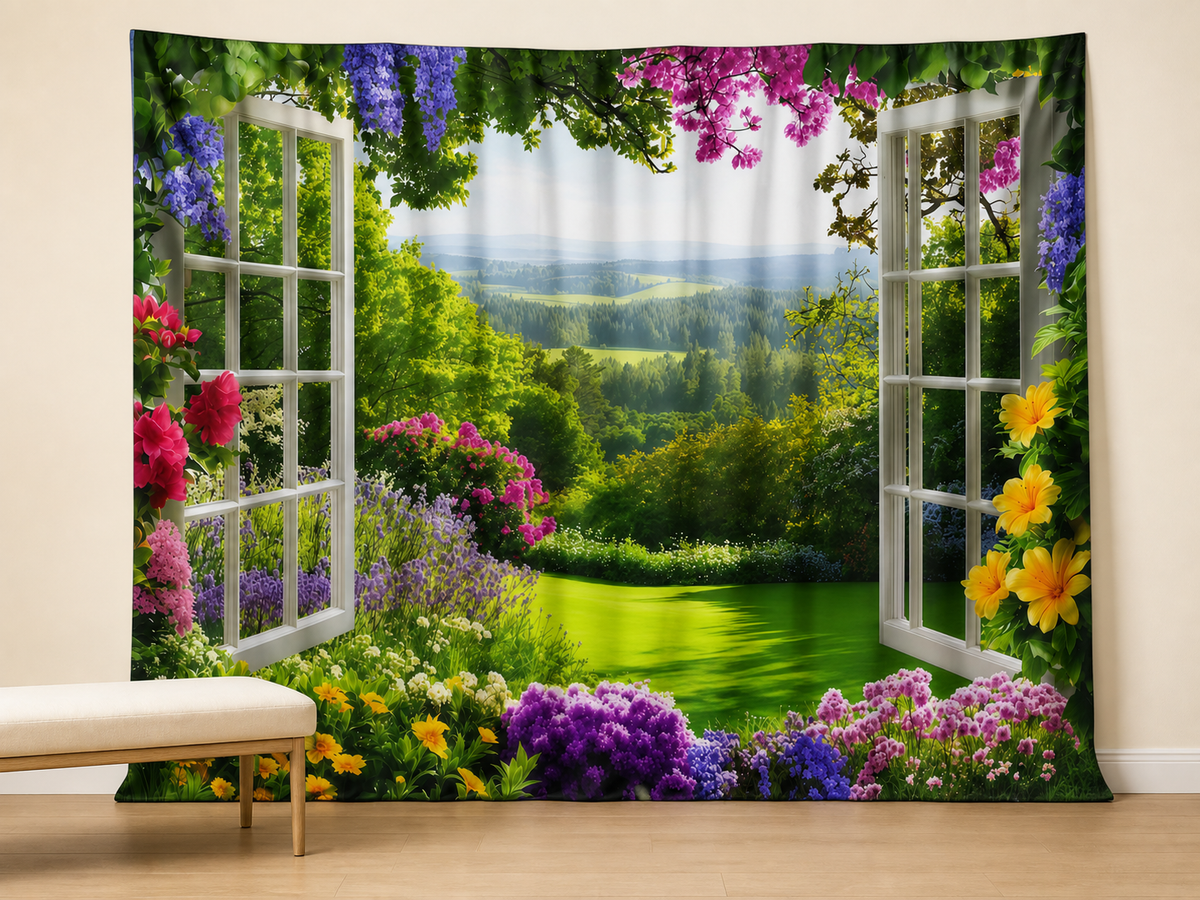 Open windows flower garden photography backdrop scene 1