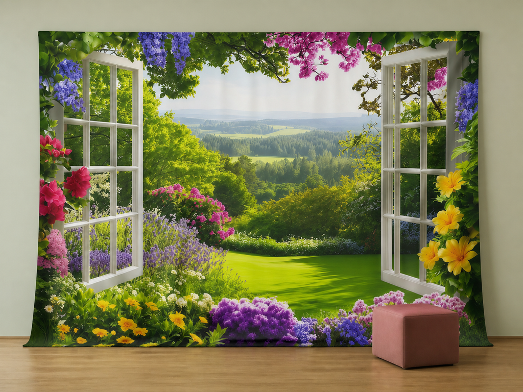 Open windows flower garden photography backdrop scene 2