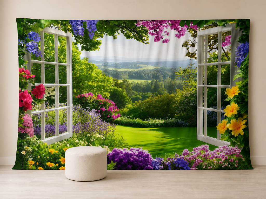 Open windows flower garden photography backdrop scene 3