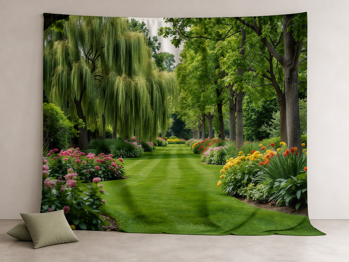 Green park lawn floral fabric backdrop with natural folds