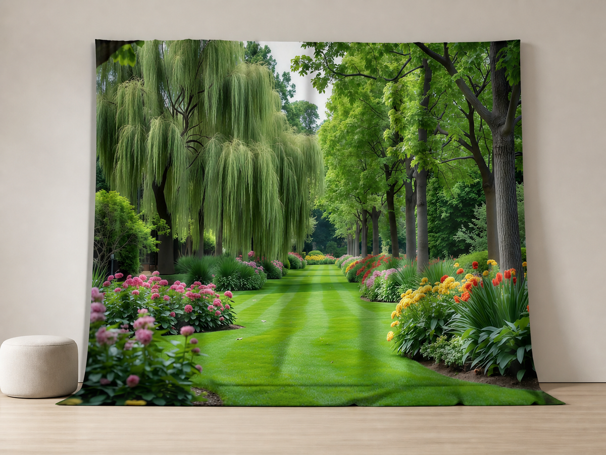 Spring garden portrait photography backdrop with visible fabric edges