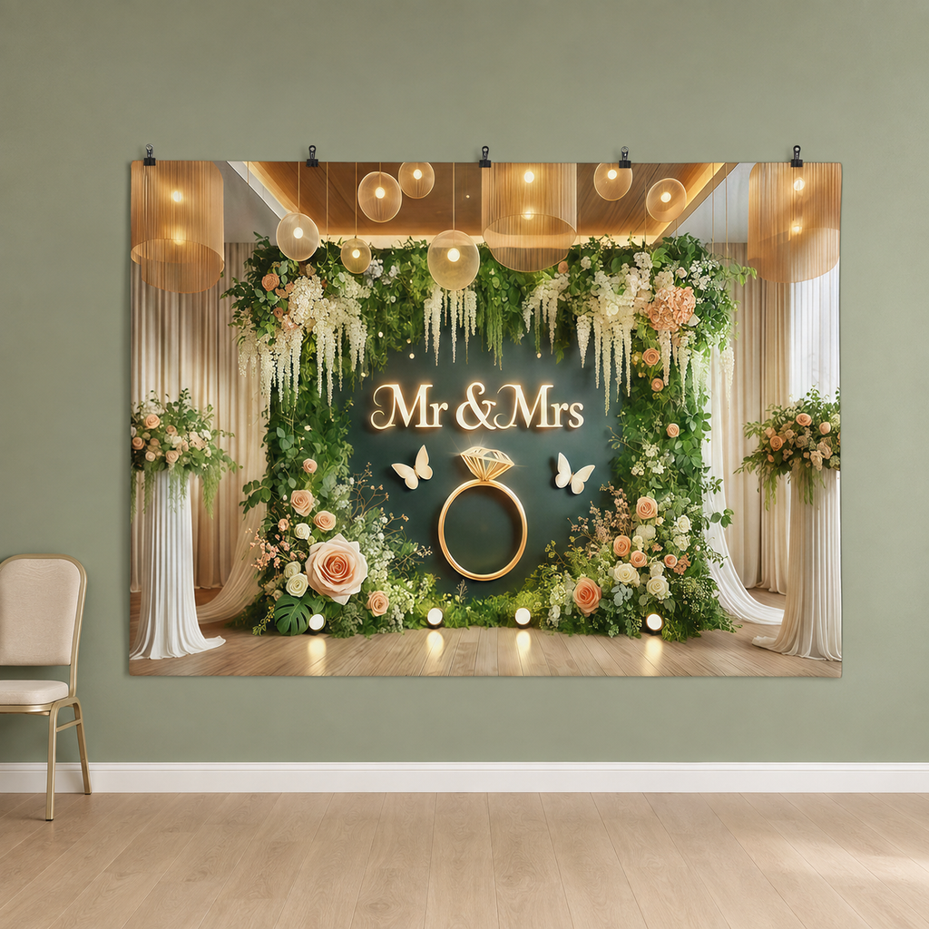 FJ260328012 printed polyester backdrop, indoor wall-clip display; accessories not included
