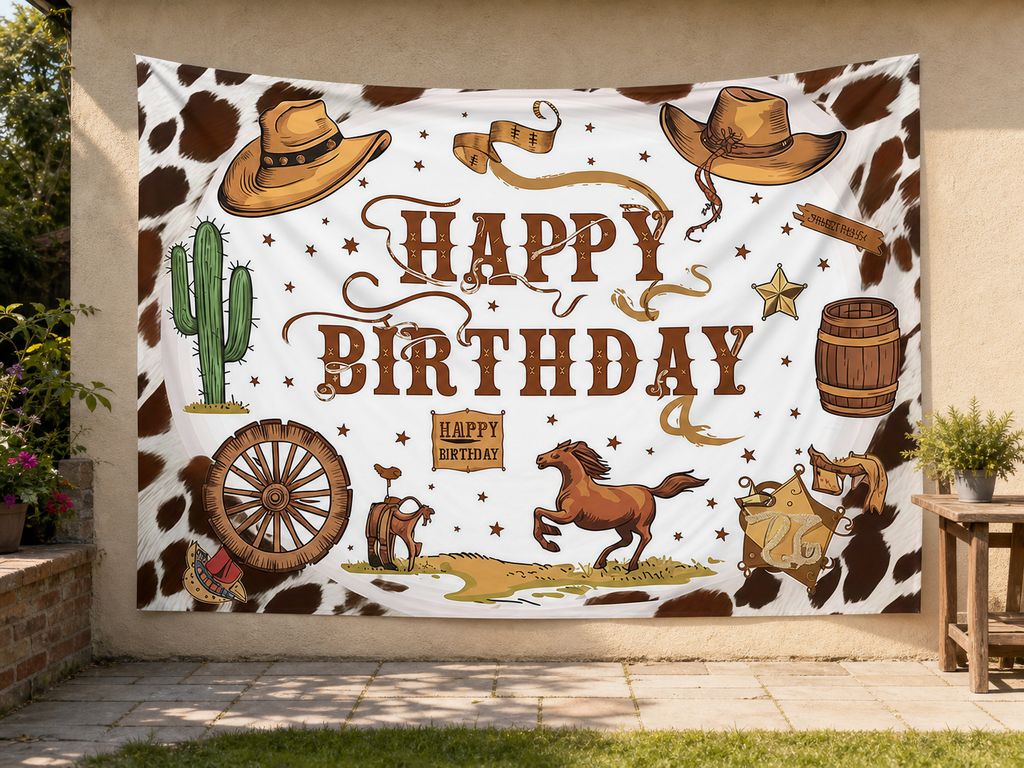 Western Cowboy Happy Birthday Backdrop garden application scene