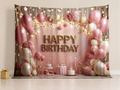 Pink gold Happy Birthday balloons photography backdrop in a party scene