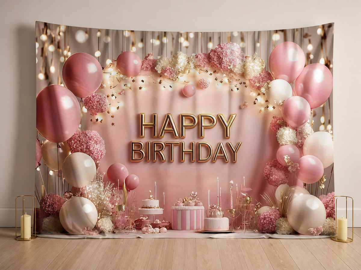 Pink gold Happy Birthday balloons photography backdrop in a celebration scene