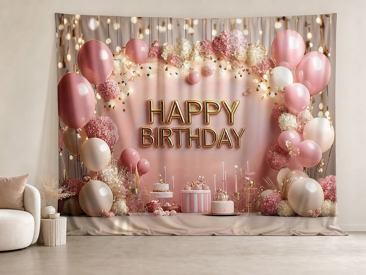 Pink gold Happy Birthday balloons photography backdrop in a birthday portrait scene