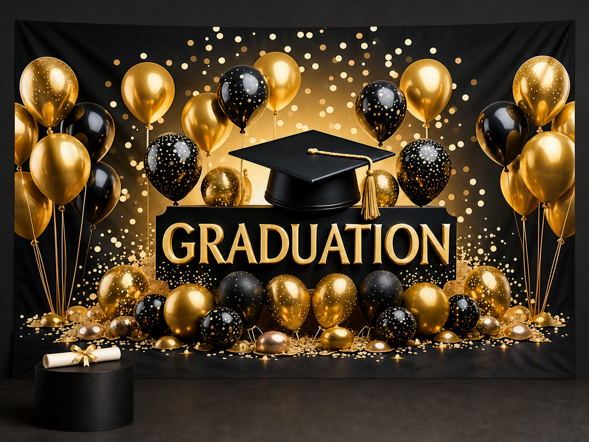 Black gold graduation balloon backdrop party photo booth