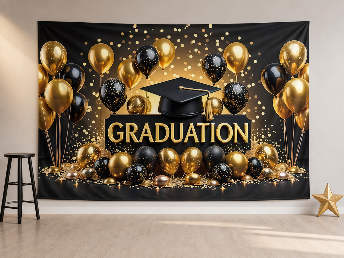 Black gold graduation balloon backdrop reception scene
