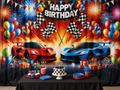Race car birthday polyester backdrop with dessert table