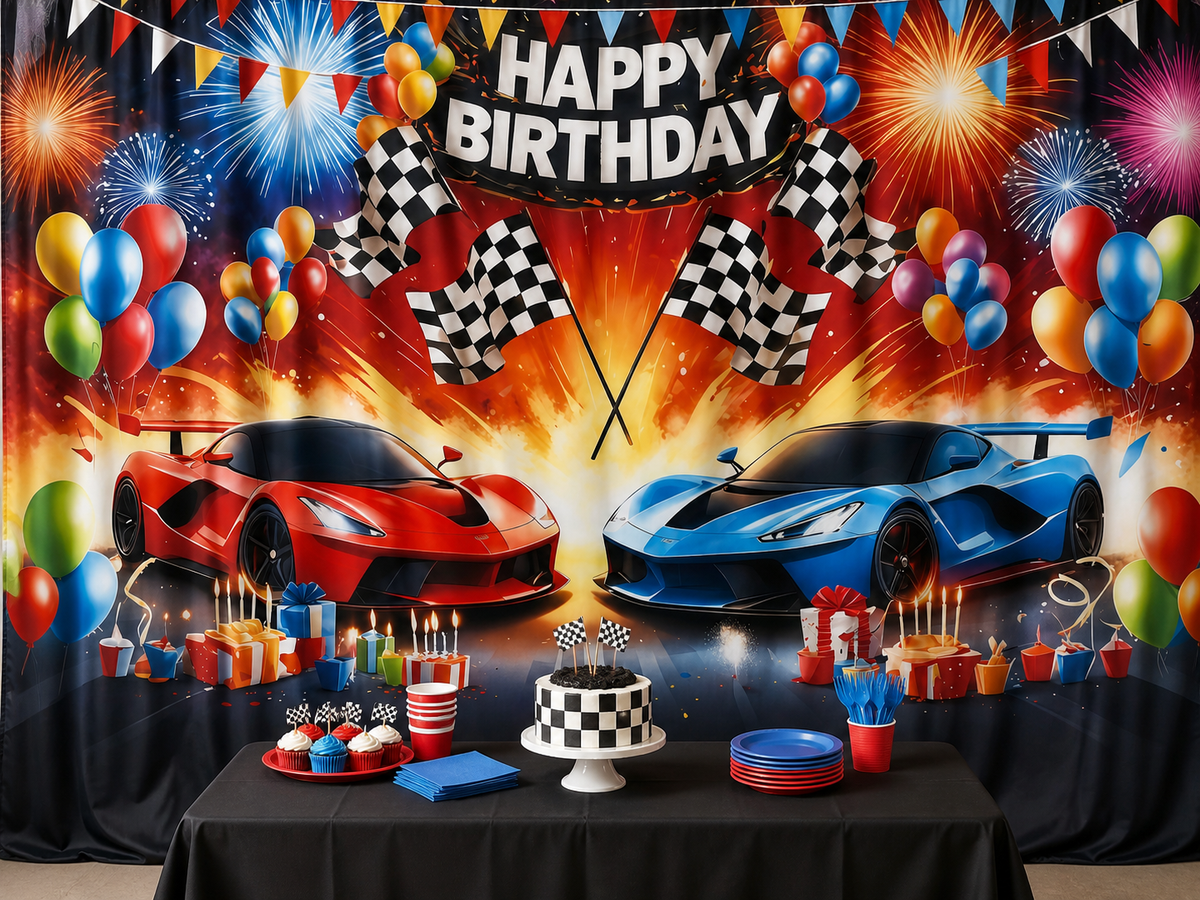 Race car birthday polyester backdrop with dessert table