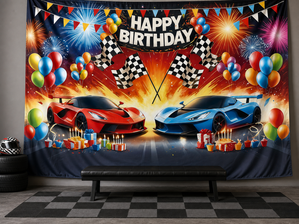 Race car birthday polyester backdrop in motorsport photo setting