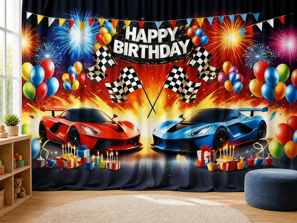 Race car birthday polyester backdrop in playroom setting