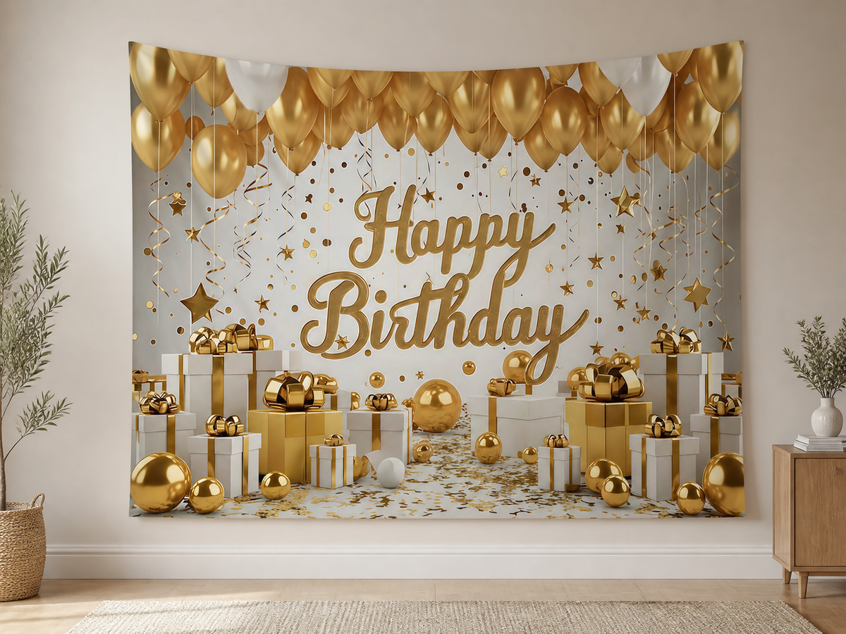 Gold White Happy Birthday Backdrop indoor application scene