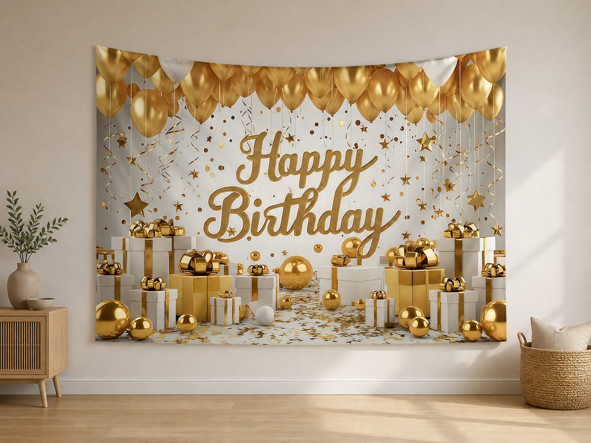 Gold White Happy Birthday Backdrop indoor application scene