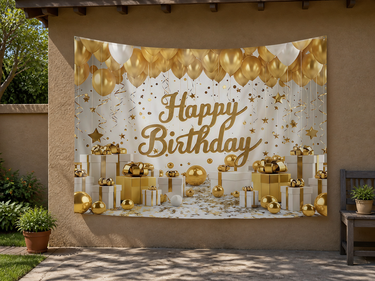 Gold White Happy Birthday Backdrop garden application scene