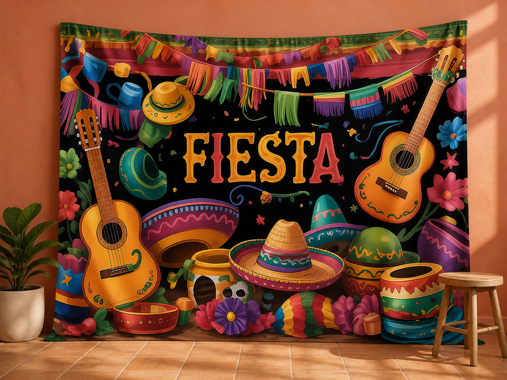 Colorful FIESTA Mexican celebration photography backdrop in a Cinco de Mayo scene