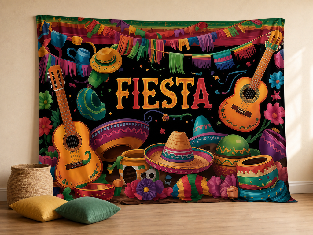 Colorful FIESTA Mexican celebration photography backdrop in a birthday scene