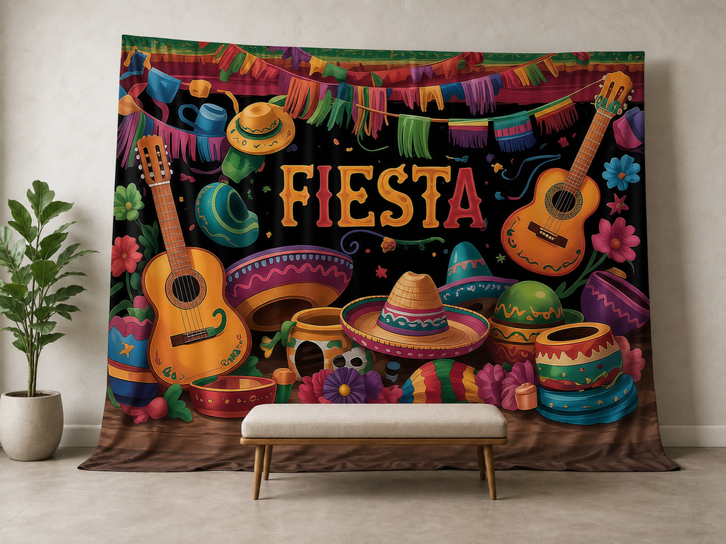 Colorful FIESTA Mexican celebration photography backdrop in an event scene