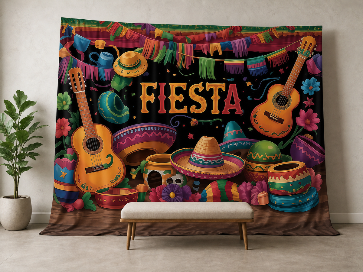 Colorful FIESTA Mexican celebration photography backdrop in an event scene