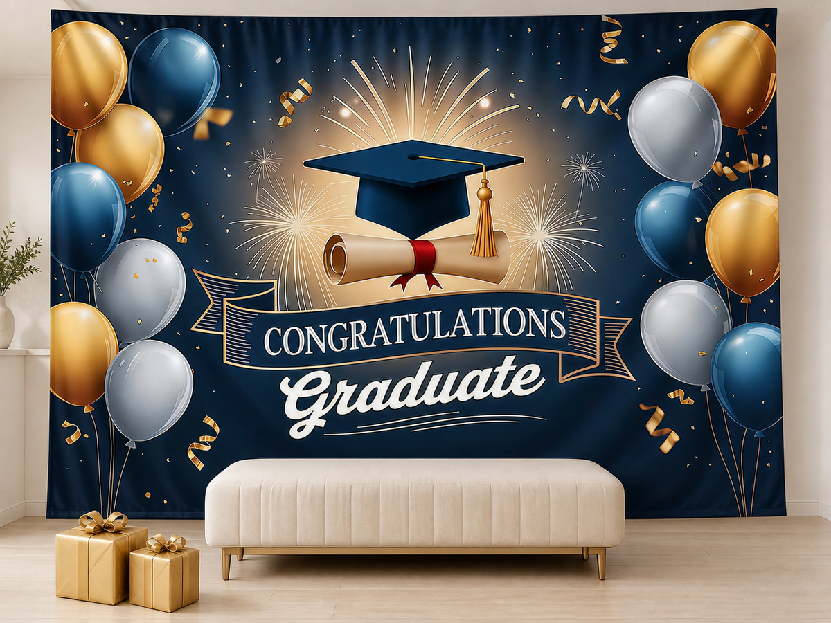 Navy gold congratulations graduate backdrop party scene