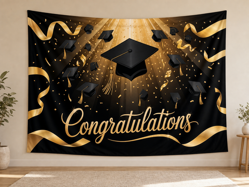 Gold Graduation Cap and Confetti Backdrop displayed on a home wall