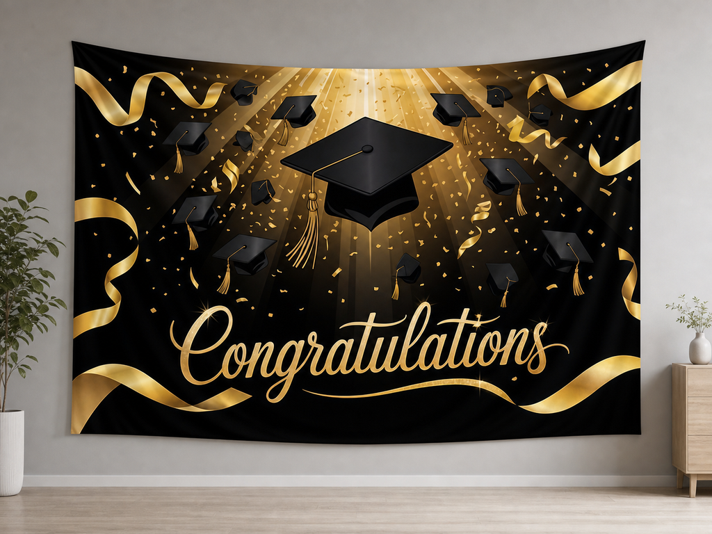 Gold Graduation Cap and Confetti Backdrop in a realistic home setting