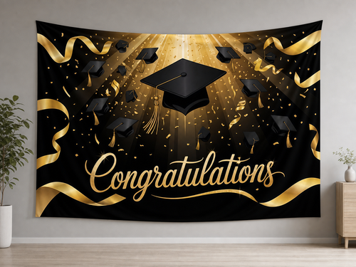 Gold Graduation Cap and Confetti Backdrop in a realistic home setting