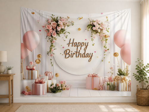 Blush Floral Happy Birthday Backdrop indoor application scene