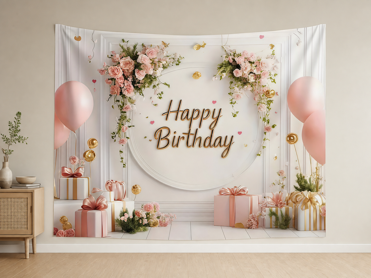 Blush Floral Happy Birthday Backdrop indoor application scene