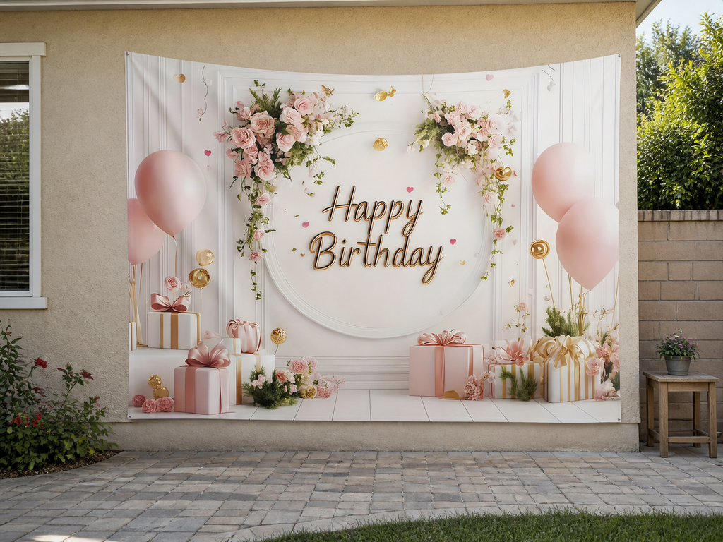 Blush Floral Happy Birthday Backdrop garden application scene