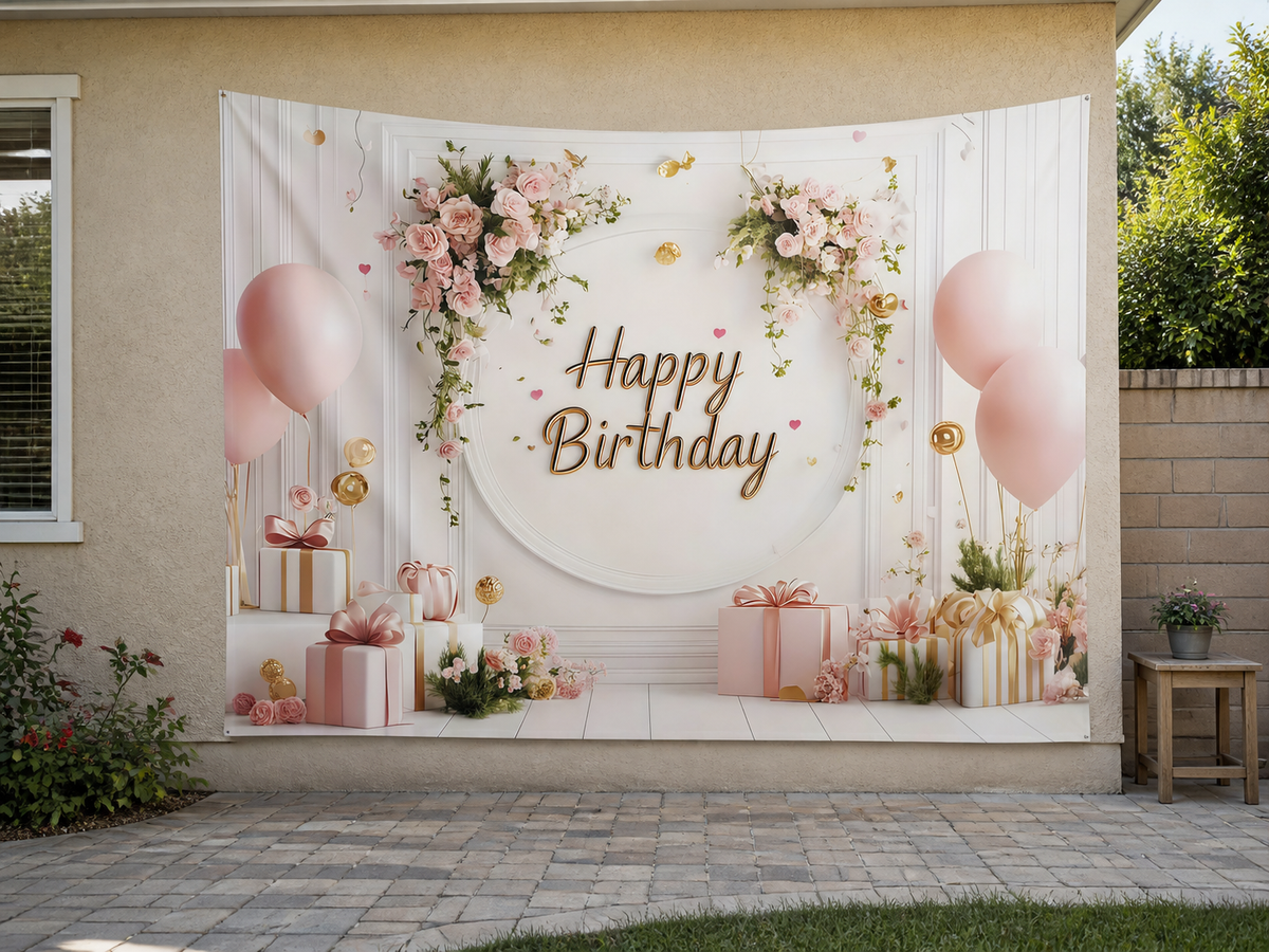 Blush Floral Happy Birthday Backdrop garden application scene
