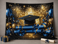 Blue gold graduation cap diploma fabric backdrop