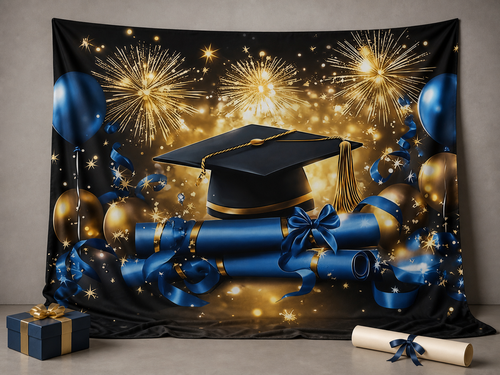 Blue gold graduation cap diploma fabric backdrop