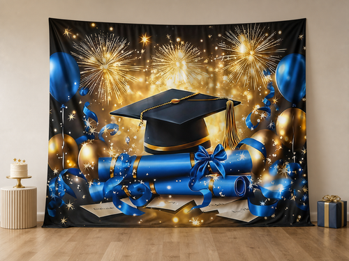 Blue and gold fireworks graduation photography backdrop