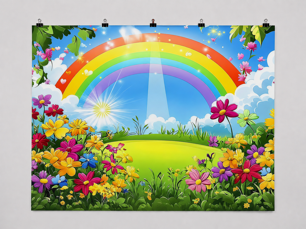 Rainbow Sun and Flowers printed polyester backdrop, shown at244 x183cm with straight-cut unhemmed edges and wall clips. Flat printed scenery; accessories not included.