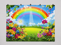 Rainbow Sun and Flowers printed polyester backdrop, shown at244 x183cm with straight-cut unhemmed edges and wall clips. Flat printed scenery; accessories not included.