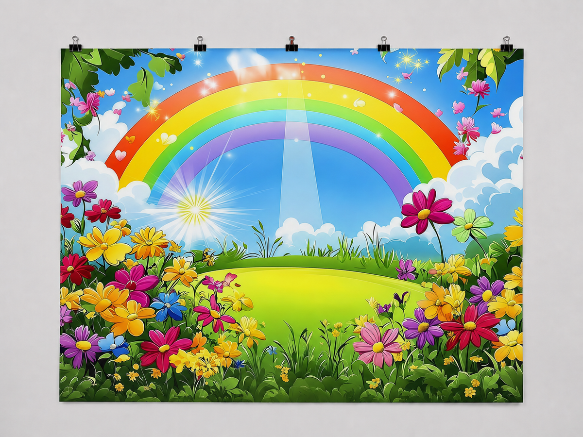 Rainbow Sun and Flowers printed polyester backdrop, shown at244 x183cm with straight-cut unhemmed edges and wall clips. Flat printed scenery; accessories not included.