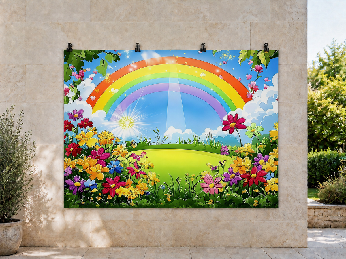 Rainbow Sun and Flowers printed polyester backdrop, shown at244 x183cm with straight-cut unhemmed edges and wall clips. Flat printed scenery; accessories not included.