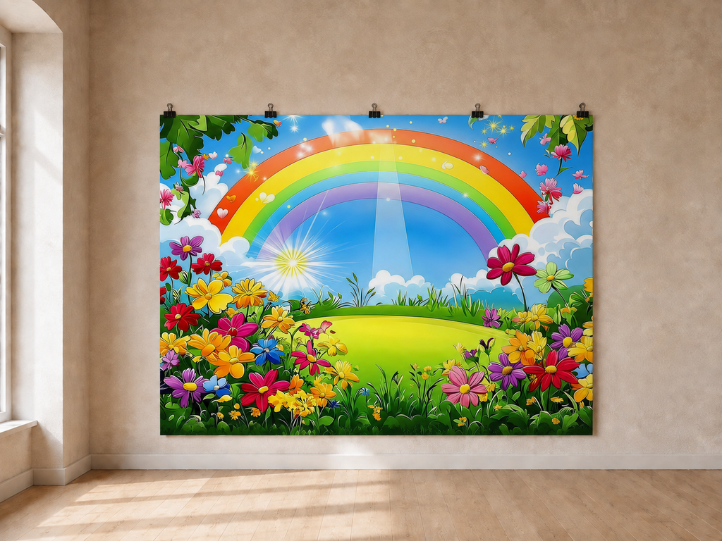 Rainbow Sun and Flowers printed polyester backdrop, shown at244 x183cm with straight-cut unhemmed edges and wall clips. Flat printed scenery; accessories not included.
