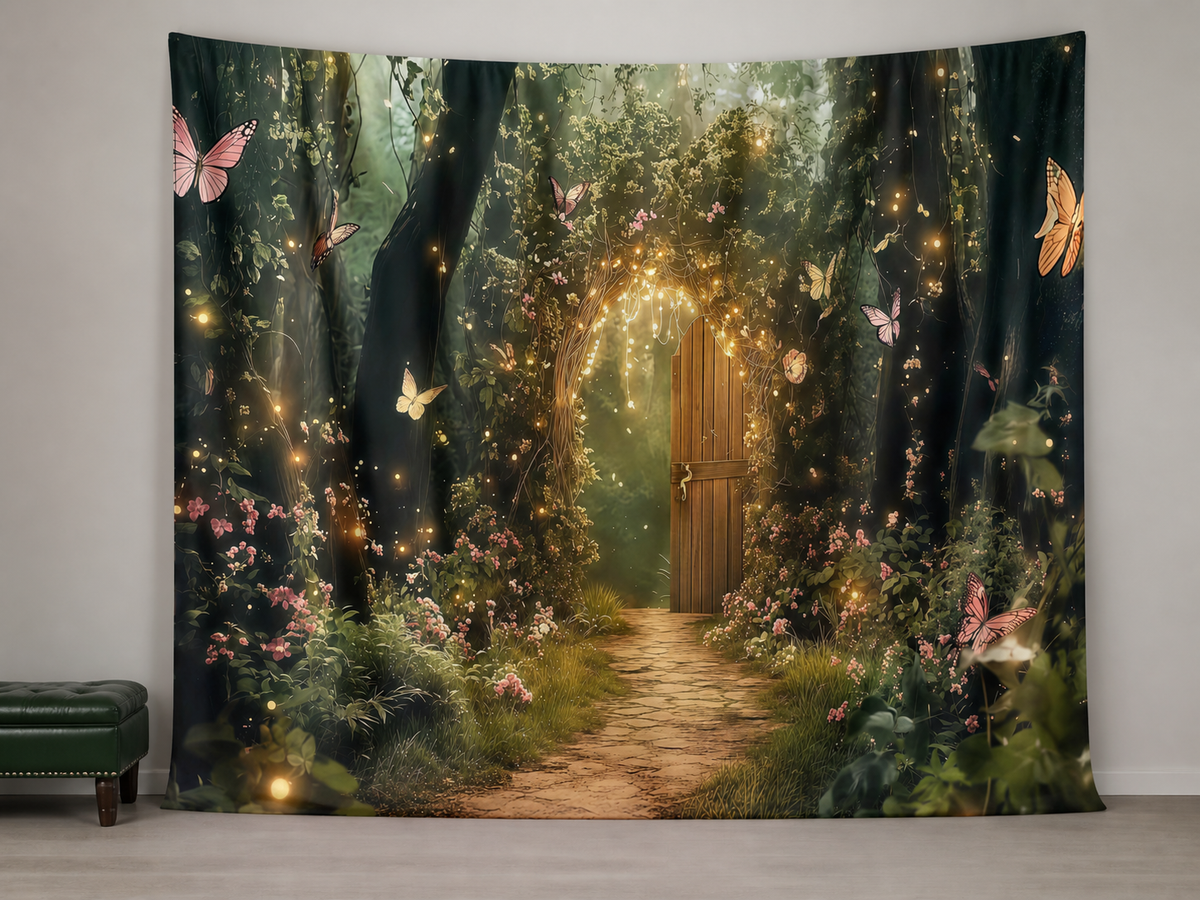 Enchanted forest door butterflies photography backdrop scene 1
