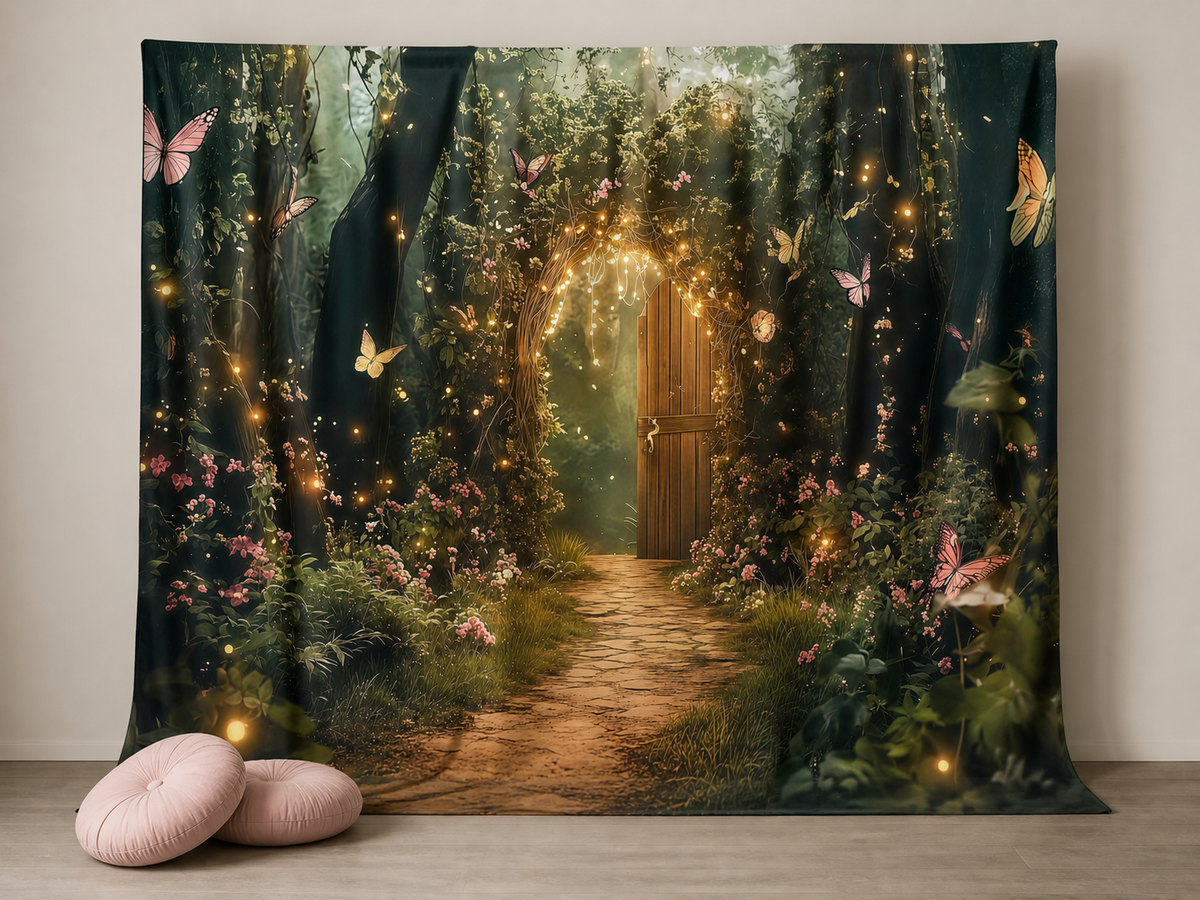 Enchanted forest door butterflies photography backdrop scene 2