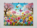 Spring Flower Meadow and Butterflies printed polyester backdrop, shown at244 x183cm with straight-cut unhemmed edges and wall clips. Flat printed scenery; accessories not included.