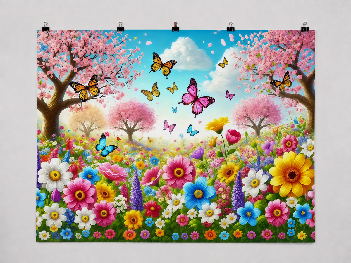 Spring Flower Meadow and Butterflies printed polyester backdrop, shown at244 x183cm with straight-cut unhemmed edges and wall clips. Flat printed scenery; accessories not included.
