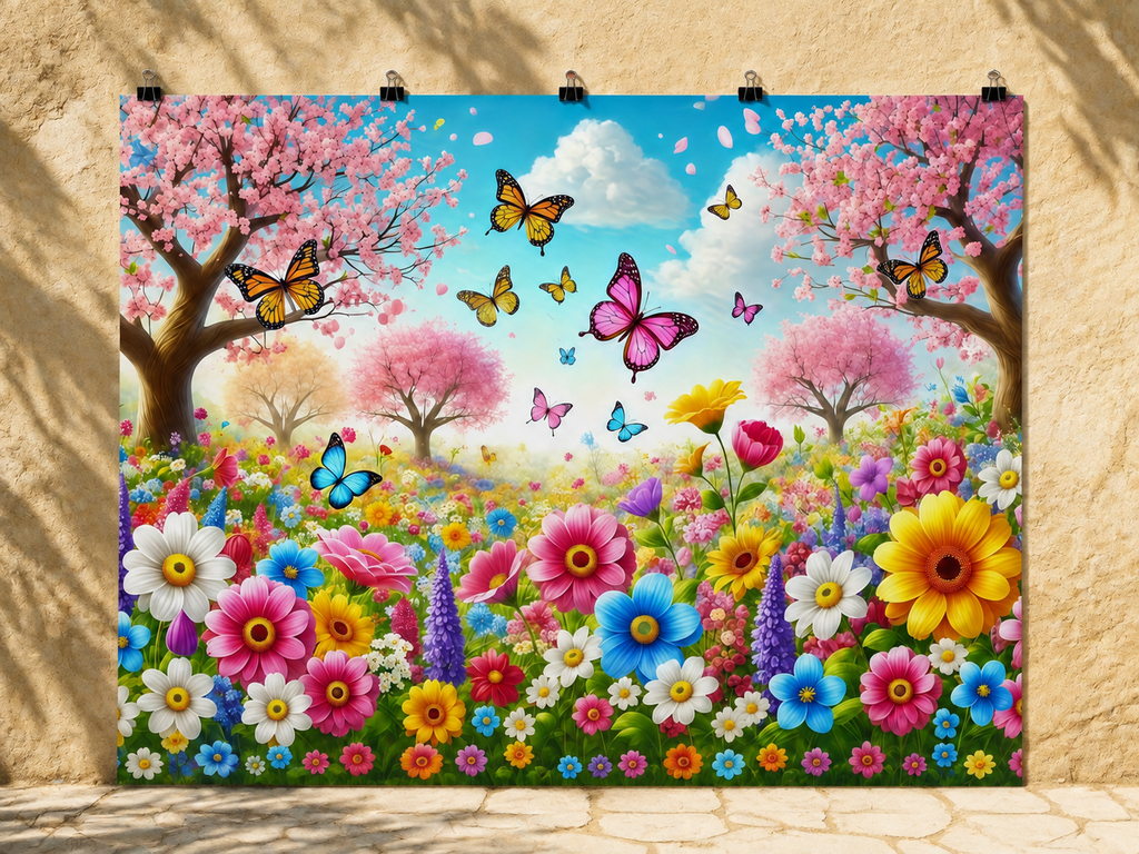 Spring Flower Meadow and Butterflies printed polyester backdrop, shown at244 x183cm with straight-cut unhemmed edges and wall clips. Flat printed scenery; accessories not included.