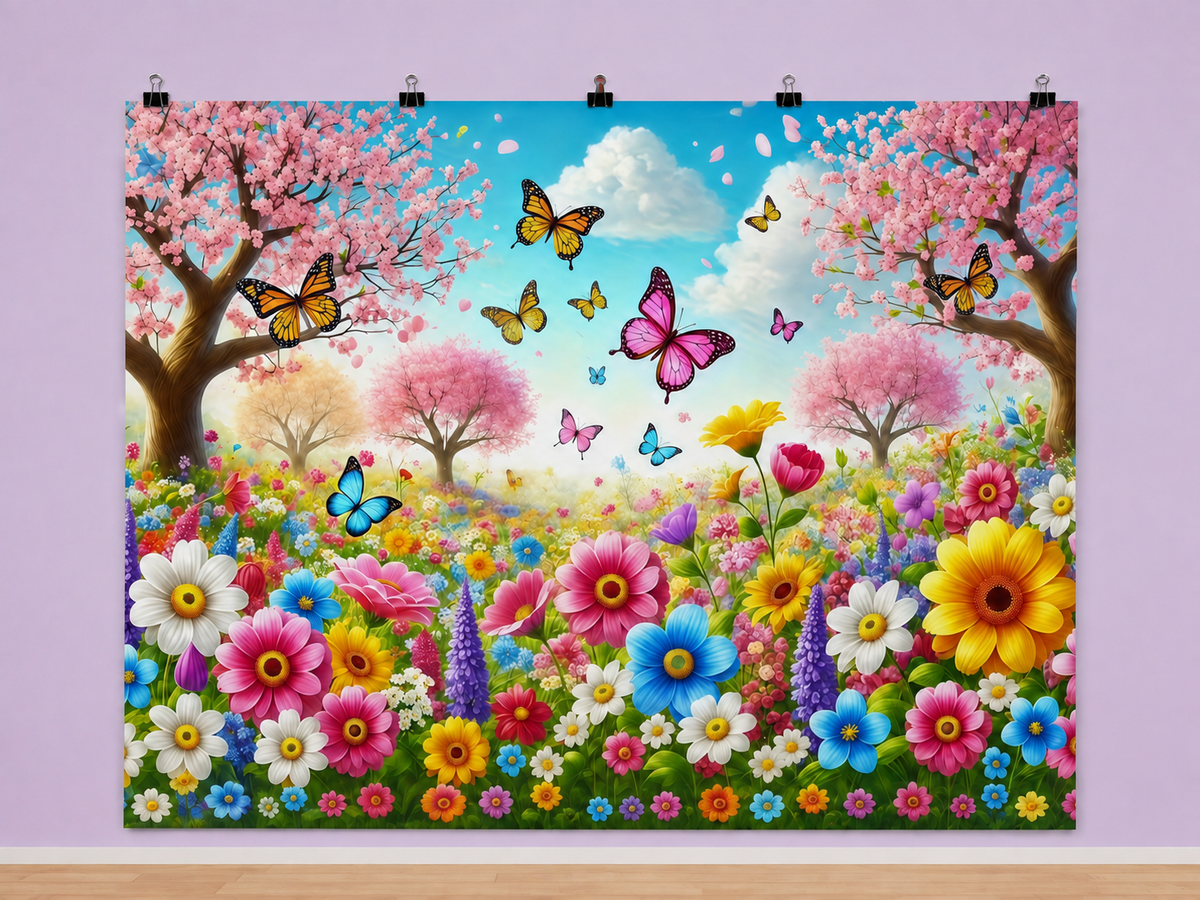 Spring Flower Meadow and Butterflies printed polyester backdrop, shown at244 x183cm with straight-cut unhemmed edges and wall clips. Flat printed scenery; accessories not included.